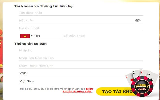 Điền các thông tin để tiến hành đăng ký tài khoản chơi Golden Twins Dafabet